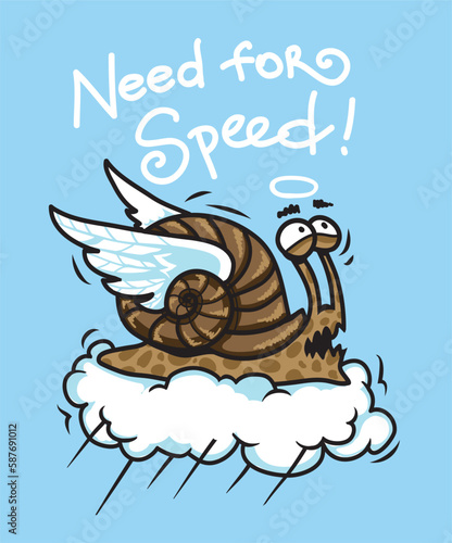 Tired snail with wings on a cloud and the inscription "Need for Speed"