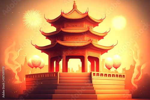 Podium with happy new year stock illustration Chinese New Year, Chinese Culture, Firework - Explosive Material, Temple - Building, Chinese Lantern Festival. Generative Ai.