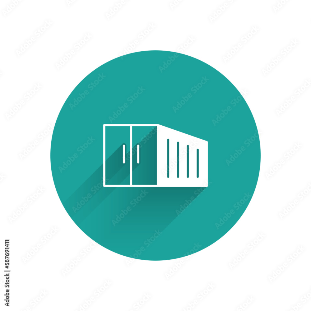 White Container icon isolated with long shadow background. Crane lifts a container with cargo. Green circle button. Vector White Container icon isolated with long shadow background. Crane lifts a container with cargo. Green circle button. Vector