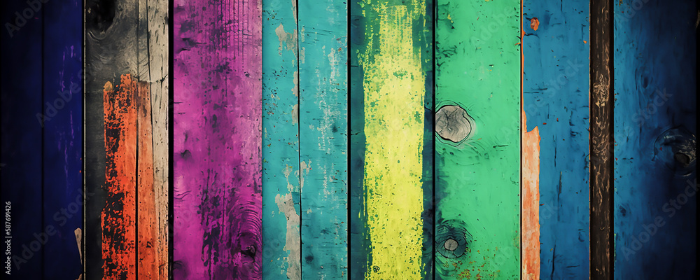 Old, grungy, colorful wood background, Generative ai