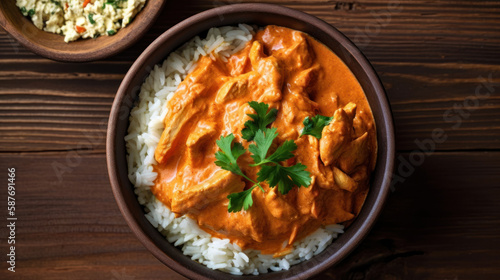 A Bowl with Chicken Tikka Masala and Rice