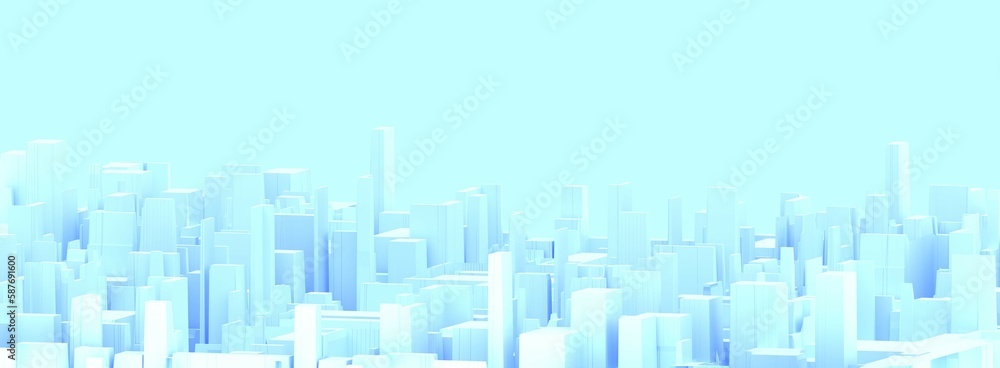 Blue and white abstract metropolis background. Modern cityscape with 3d render of skyscrapers and architectural buildings in minimalistic style. Panorama banner of morning city