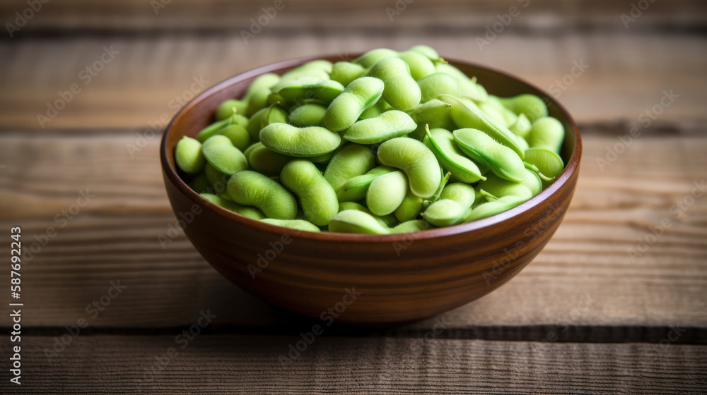 A Bowl with Edamame in a Rustic Setting A Bowl with Edamame in a Rustic Setting