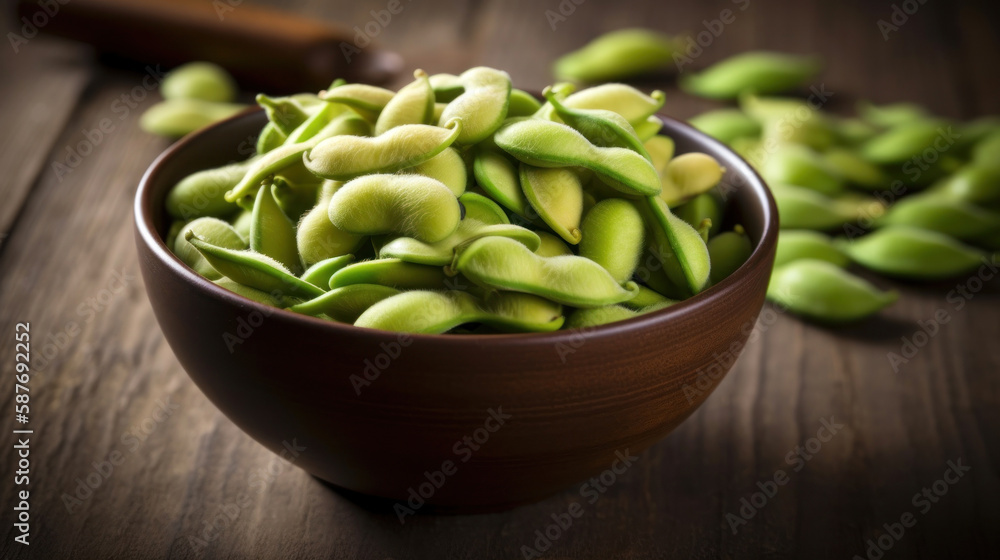 A Bowl with Edamame in a Rustic Setting A Bowl with Edamame in a Rustic Setting