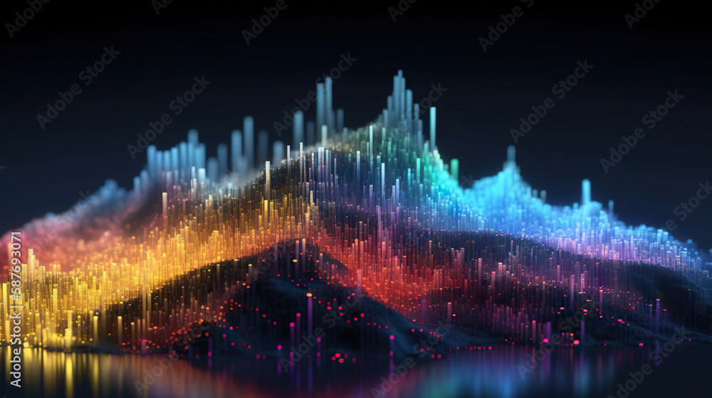 Fototapeta premium Multicolor glowing data over abstract digital landscape. Based on Generative AI