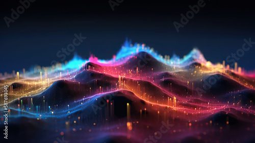 Multicolor glowing data over abstract digital landscape. Based on Generative AI