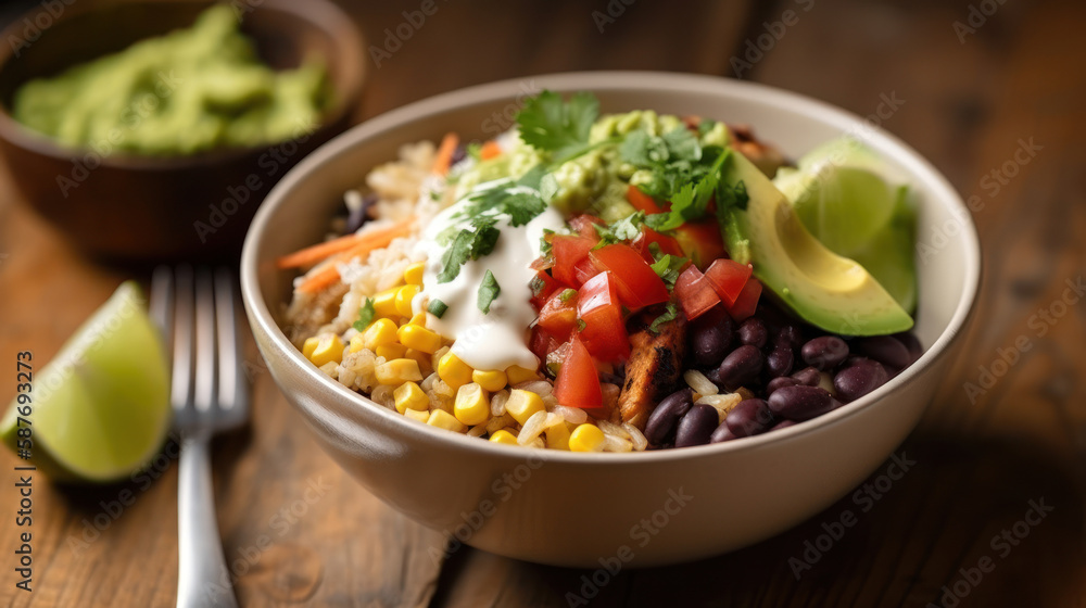 A Burrito Bowl in a Rustic Setting A Burrito Bowl in a Rustic Setting