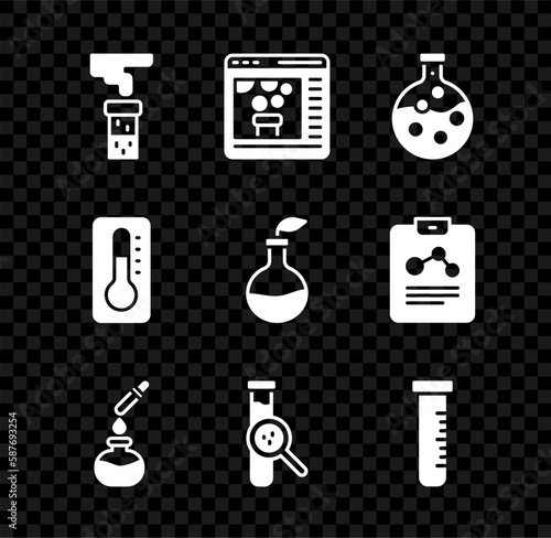 Set Test tube and flask, Chemical online, Medical thermometer and Plant breeding icon. Vector