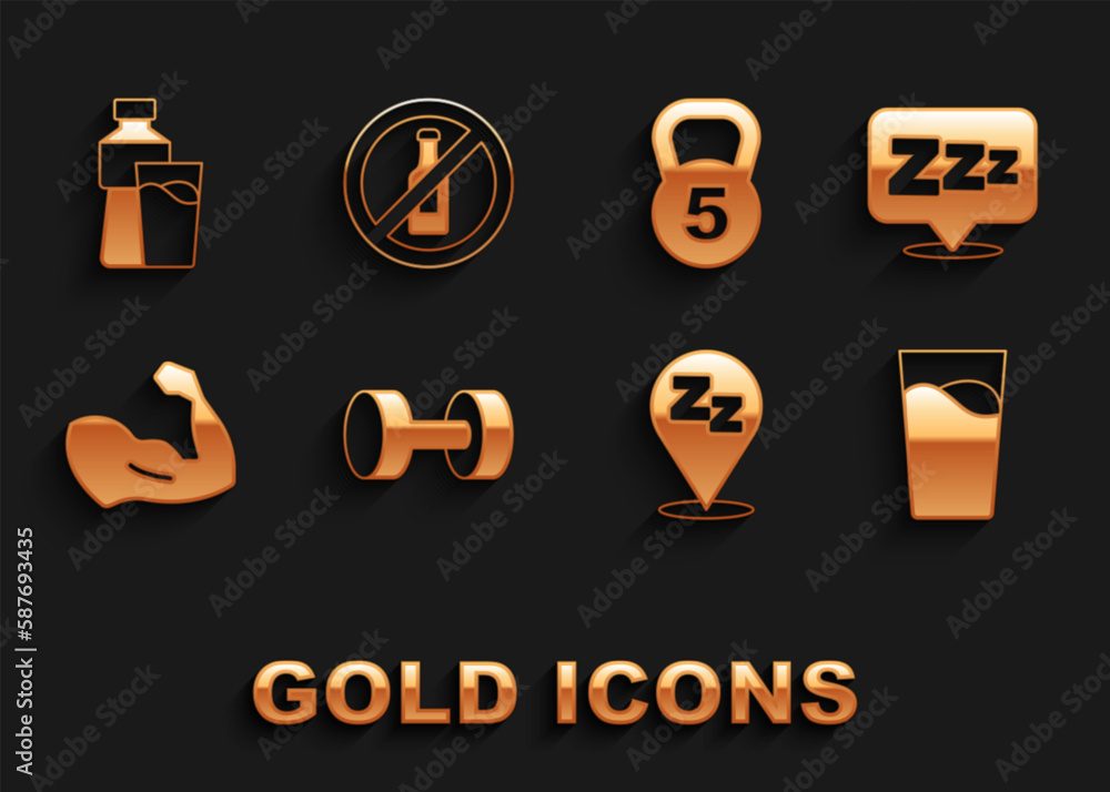 Set Dumbbell, Sleepy, Glass with water, Bodybuilder muscle, Weight, Bottle of glass and No alcohol icon. Vector Set Dumbbell, Sleepy, Glass with water, Bodybuilder muscle, Weight, Bottle of glass and No alcohol icon. Vector