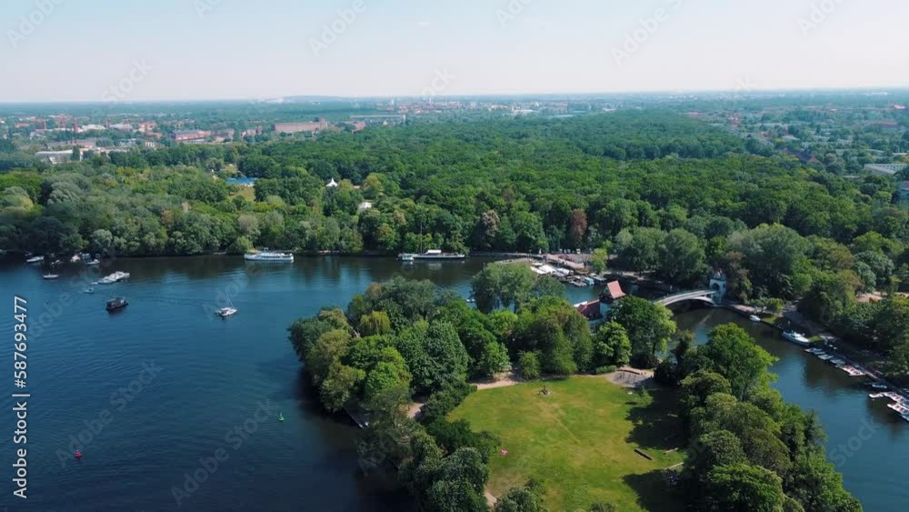 Aerial drone view of Spree River and Insel der Jugend near Treptower Park Berlin Aerial drone view of Spree River and Insel der Jugend near Treptower Park Berlin