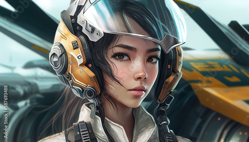 Wearing a pilot's helmet, detailed eyes, a slim figure, smile,Warframe,Big Close-Up(BCU),The future of science and technology, the beautiful girl, fighter pilots, standing in front of the plane © Thore