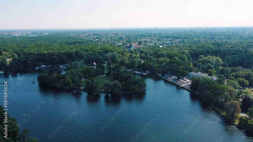 Aerial drone view of Spree River and Insel der Jugend near Treptower Park Berlin Aerial drone view of Spree River and Insel der Jugend near Treptower Park Berlin
