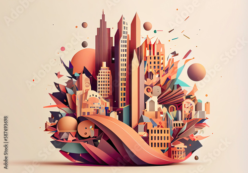 Real estate logo design template. Perspective view of buildings as construction, real estate, or residence business logo concept in minimalist vector style illustration made with generative AI