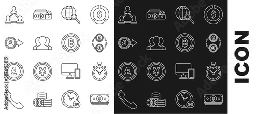 Set line Stacks paper money cash, Stopwatch, Money exchange, Magnifying glass with globe, Users group, Coin pound sterling symbol, Project team base and Cryptocurrency coin Bitcoin icon. Vector
