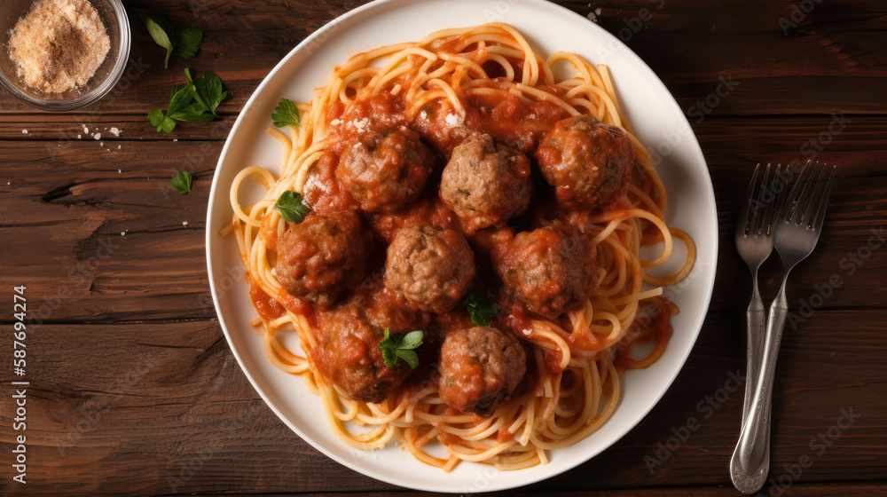 A Plate with Pasta and Meatballs in a Rustic Setting A Plate with Pasta and Meatballs in a Rustic Setting