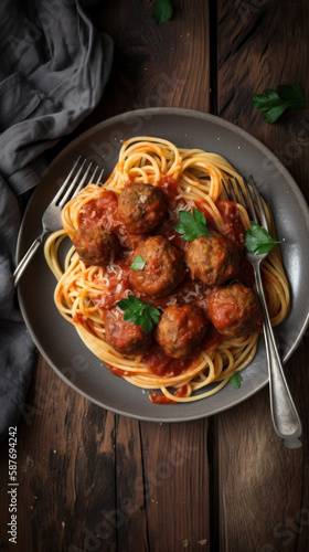 A Plate with Pasta and Meatballs in a Rustic Setting