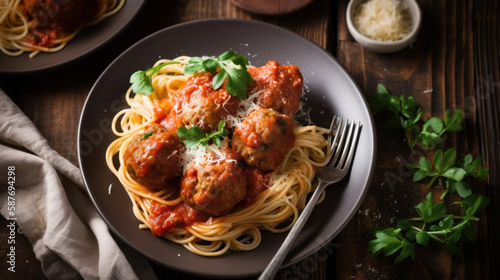 A Plate with Pasta and Meatballs in a Rustic Setting