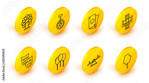 Set line Cotton candy, Seesaw, Balloons with ribbon, Comedy theatrical masks, Attraction carousel, Playing card, Unicycle or one wheel bicycle and Ferris icon. Vector