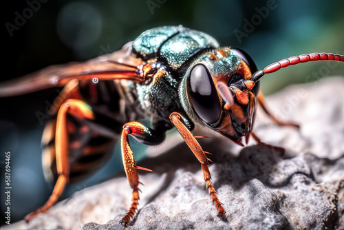 A Close-up of an insect reveals its intricate details, with vivid colors and delicate features. - Generative AI © Exuberation 