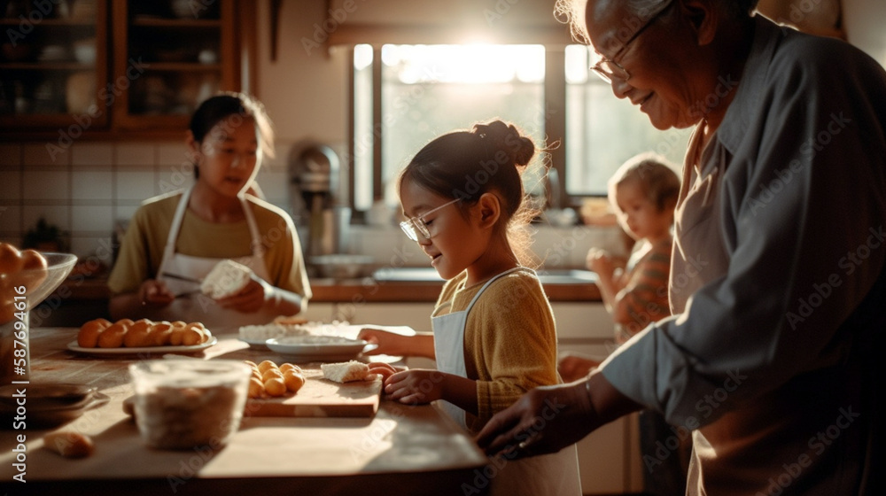 Three generations gather in a cozy kitchen, basking in golden light, to pass down family recipes, Created with generative Ai Technology. Three generations gather in a cozy kitchen, basking in golden light, to pass down family recipes, Created with generative Ai Technology.