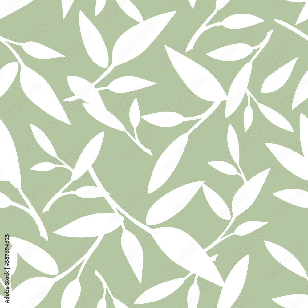 Floral seamless pattern with leaves. White leaves silhouettes on a green background. Vector green and white seamless background 
