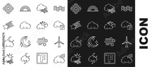 Set line Rainbow with clouds, Wind turbine, Fahrenheit and, Windy weather, Cloud, Falling star, Snowflake and Sun icon. Vector