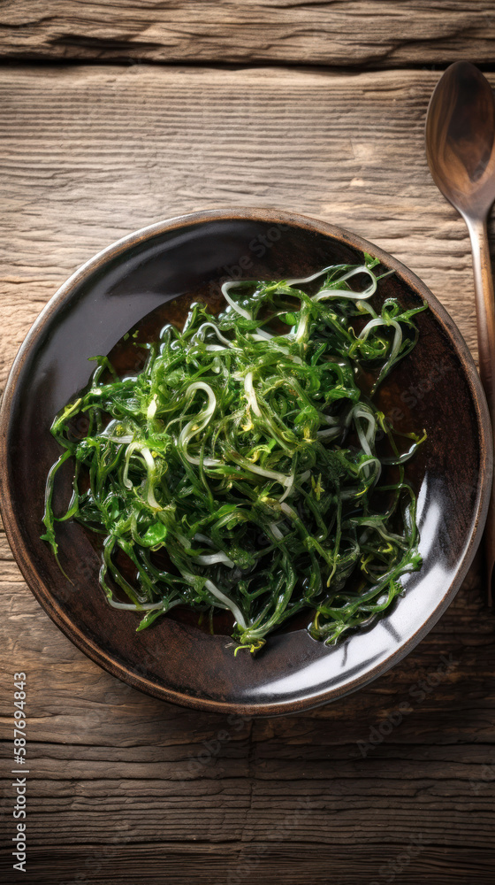 A Plate with Seaweed Salad in a Rustic Setting A Plate with Seaweed Salad in a Rustic Setting