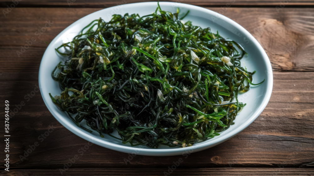 A Plate with Seaweed Salad in a Rustic Setting A Plate with Seaweed Salad in a Rustic Setting