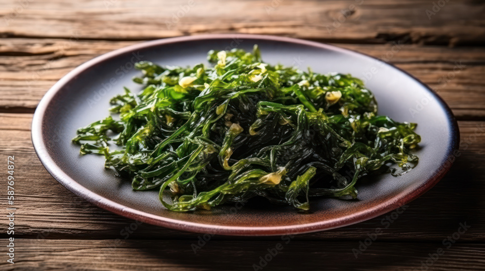 A Plate with Seaweed Salad in a Rustic Setting A Plate with Seaweed Salad in a Rustic Setting
