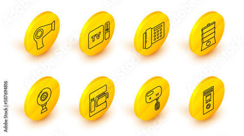 Set line Remote control, Electric mixer, Coffee machine with glass pot, Web camera, Double boiler, Telephone, TV box receiver and player remote controller and Hair dryer icon. Vector