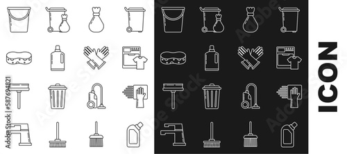 Set line Plastic bottles for liquid dishwashing liquid, Cleaning service, Washer and t-shirt, Garbage bag, Sponge, Bucket and Rubber gloves icon. Vector