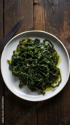 A Plate with Seaweed Salad in a Rustic Setting