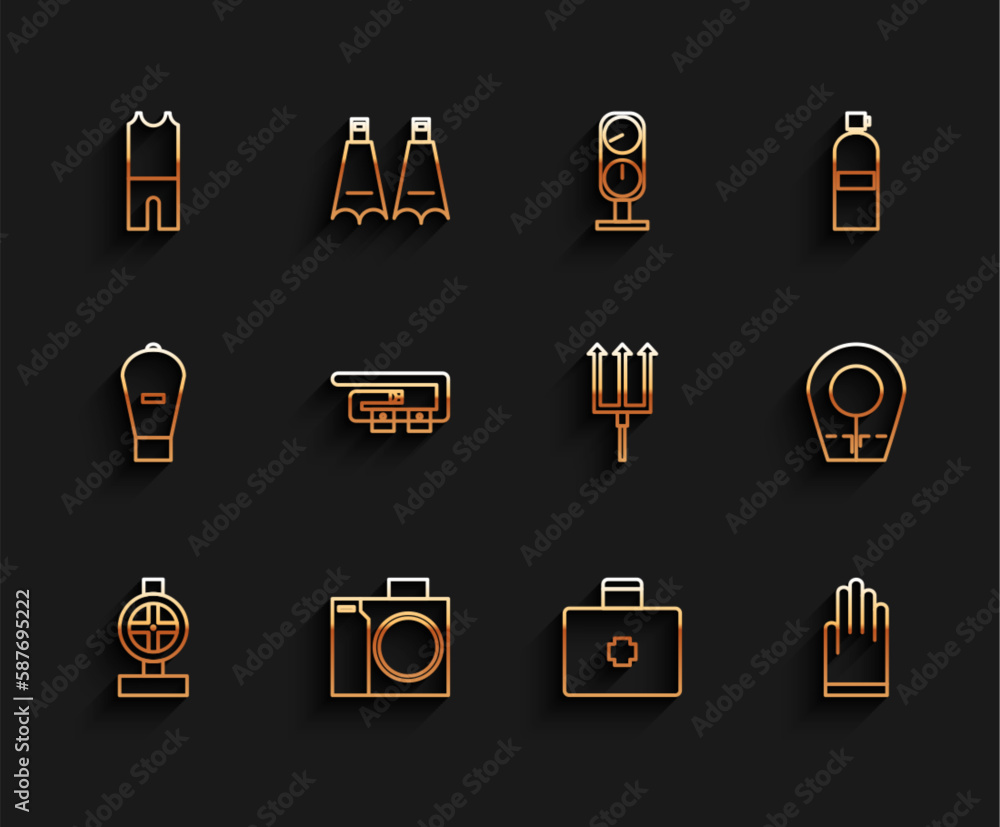 Set line Industry metallic pipes and valve, Photo camera for diver, Wetsuit scuba diving, First aid kit, Gloves, Diving belt, hood and Neptune Trident icon. Vector Set line Industry metallic pipes and valve, Photo camera for diver, Wetsuit scuba diving, First aid kit, Gloves, Diving belt, hood and Neptune Trident icon. Vector