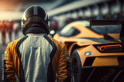 A racing car driver in fully protective suit is standing with the supercar in the racing circuit track. Sport competition challenge action scene. Generative Ai image. © Nattawit