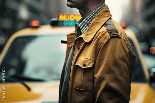 A taxi driver in uniform is standing on the yellow taxicab, ready to service for passenger. Transportation occupation person. Generative Ai image.