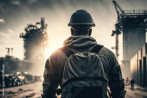 Scene from back the an engineer in fully safety PPE uniform is standing on the background of the construction building site, Industrial working action concept. Generative Ai image. © Nattawit