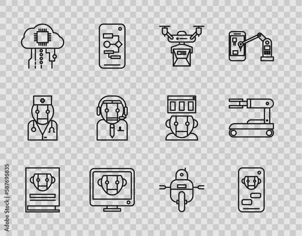 Set line User manual, Bot, Drone delivery concept, Internet of things, Worker robot, Robot and icon. Vector Set line User manual, Bot, Drone delivery concept, Internet of things, Worker robot, Robot and icon. Vector