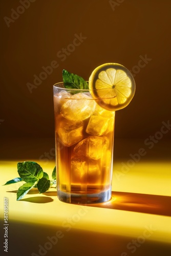 Ice tea isolated on bright background with shadow. Closeup glass of ice tea decorated with mint and lemon. Generative AI