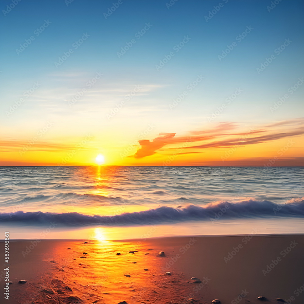 Fototapeta premium sunset on the beach - Beach landscape - Calm beach background for design - Sunset landscape for design - Generative AI