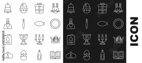 Set line Holy bible book, Easter egg, Sun, Gift box, Paint brush, Priest, Ringing bell and Christian fish icon. Vector