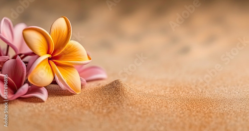 Fototapeta Naklejka Na Ścianę i Meble -  frangipani flowers on the sand with generative ai