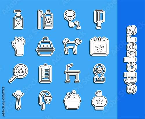 Set line Pet shampoo, Location pet grooming, Calendar, Retractable cord leash, carry case, Paw print, and Dog icon. Vector