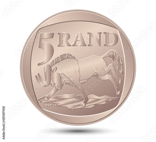 South African five rand coin isolated on white background. Vector illustration.