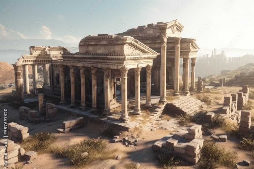 Fototapeta premium Illustration of an ancient desert city in ruins. Generative AI