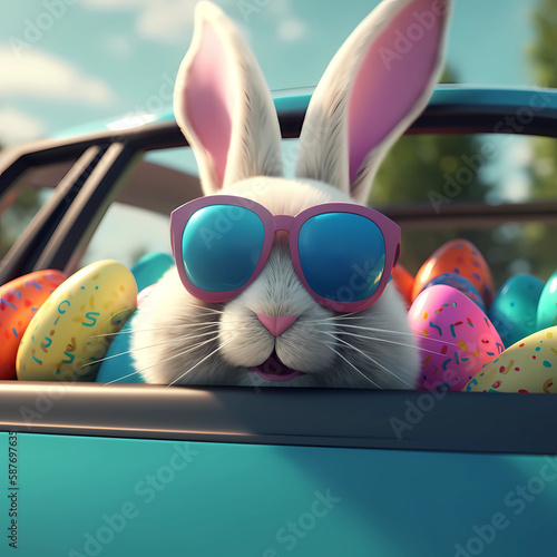 Easter Bunny with glasses and some eastereggs in his car, Generative AI photo