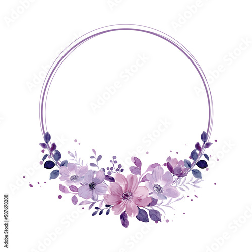 Watercolor purple floral wreath with circles