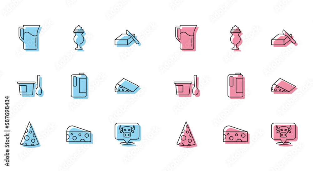 Set line Cheese, Milk jug or pitcher, Cow head, in plastic bottle, Yogurt container with spoon and Milkshake icon. Vector