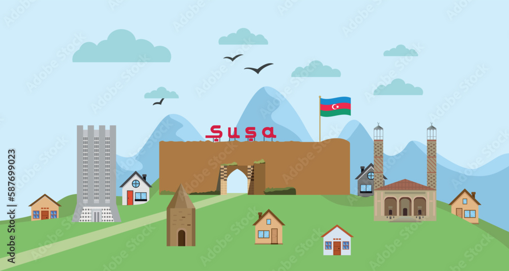 Entrance logo of the city of Shusha and Azerbaijan flag graphic element Illustration template design
