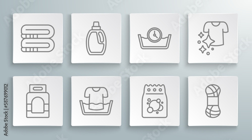 Set line Laundry detergent, Bottle for cleaning agent, Basin with shirt, Yarn, Time wash, Drying clothes and Towel stack icon. Vector