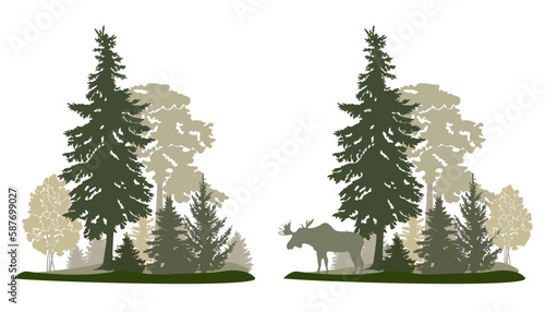Forest landscape with moose silhouette , green colors, vector illustration.